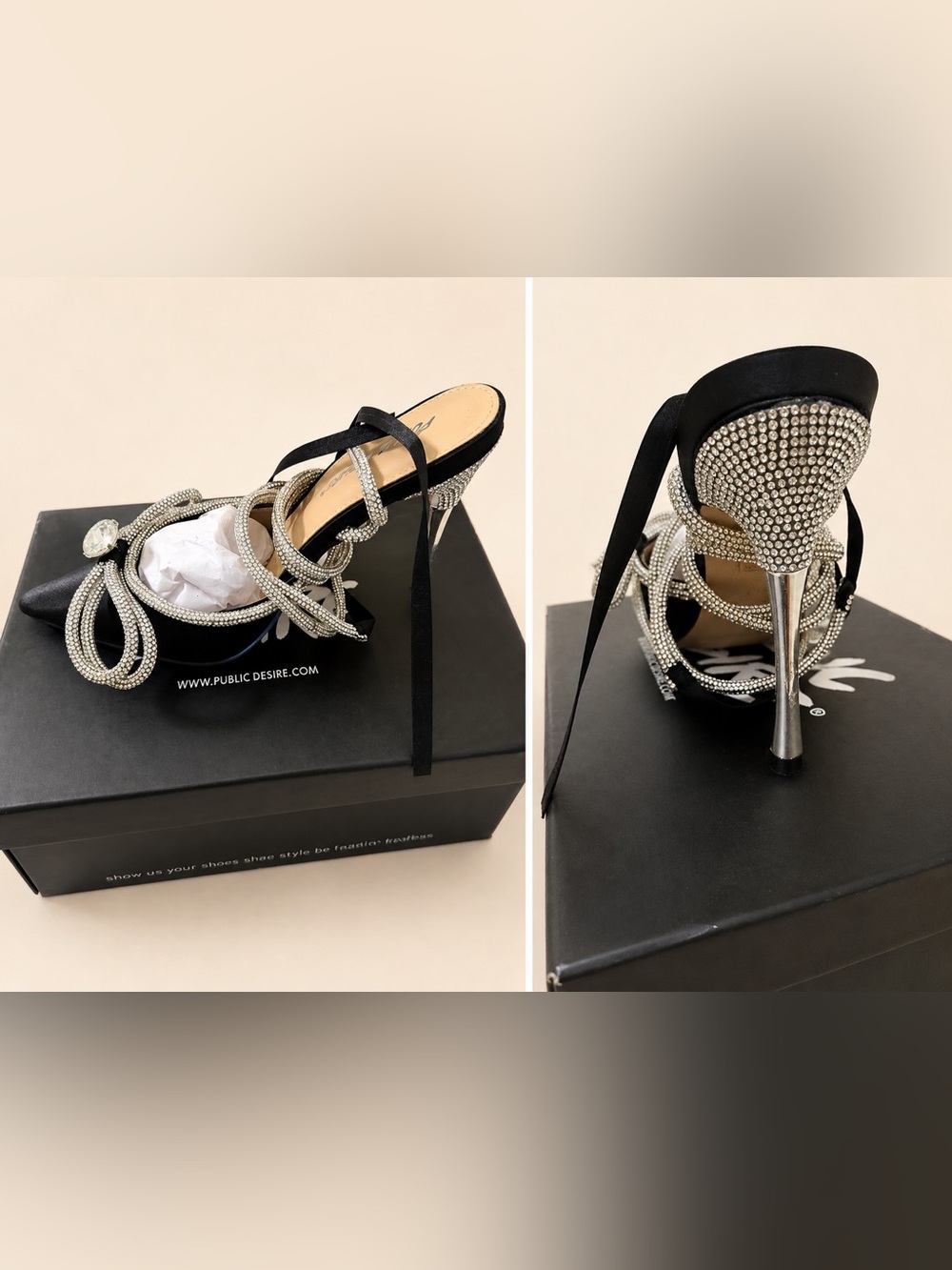 Public Desire Silver Crystal Stiletto Heels with Black Satin Ties